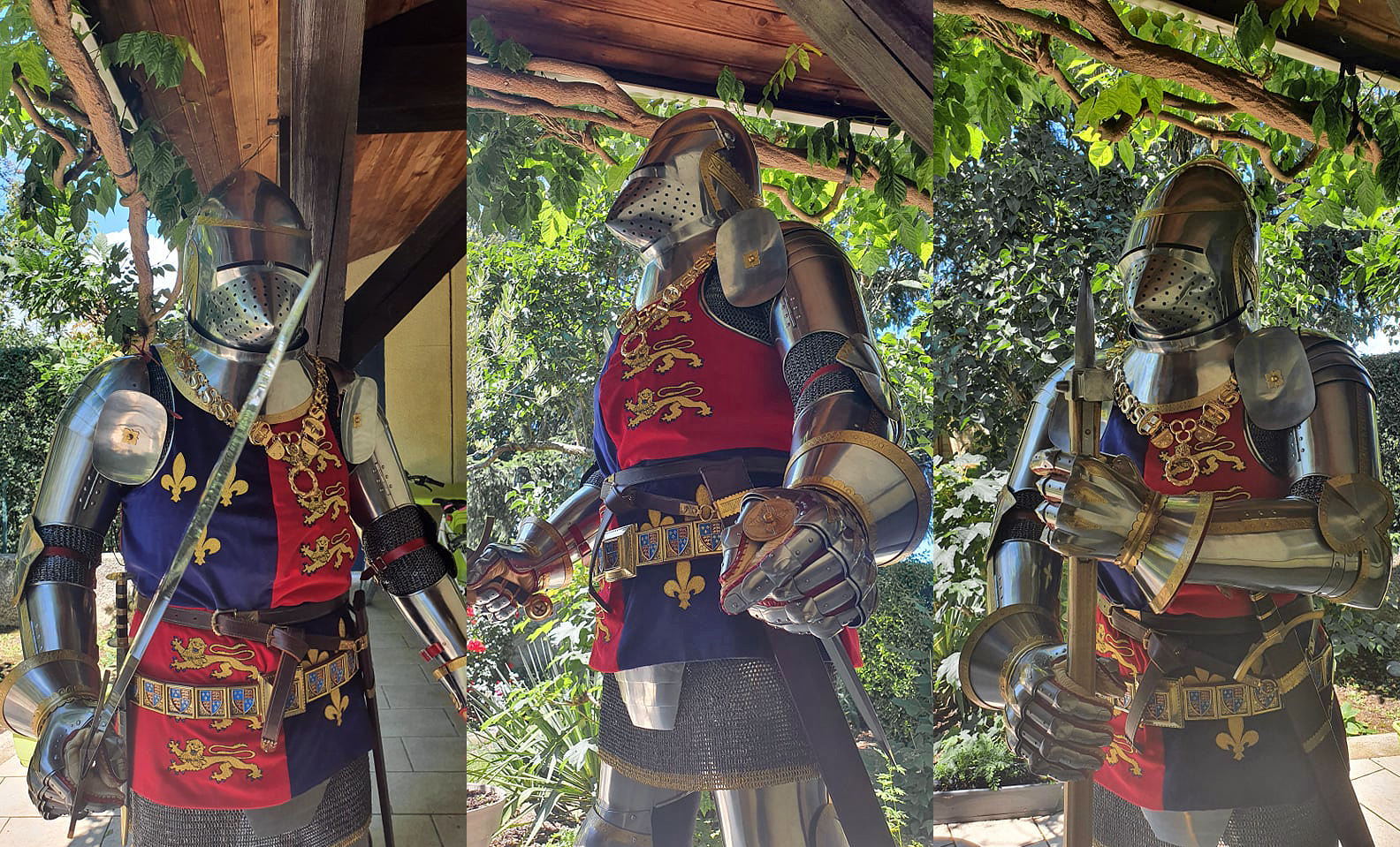 Complete armour set in English style for Agincourt battle period. Armour is part of potrait of royal family knight, maybe even the Henry V itself could wear such harness during Agincourt campaign in the north of France./ Kompletna zbroja w stylu angielskim z okresu bitwy pod Agincourt. Zbroja to cze portretu rycerza - czonka rodziny krlewskiej, moliwe e nawet sam Henryk V mg nosi tak zbroje podczas kampanii w pnocnej Francji.